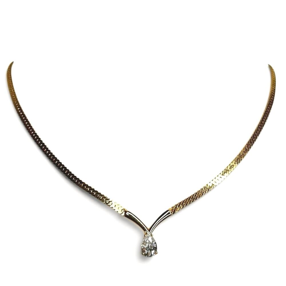 Gold Tone Herringbone Y Shape Chain Necklace with Teardrop CZ Pendant 1980s 90s